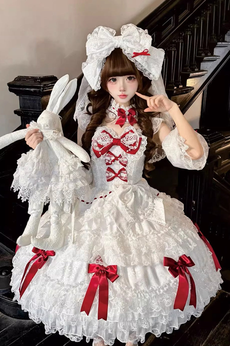 White Dream of the Misty Moon Sleeveless Multi-Layered Ruffled Bow Lace Pearl-Decorated Sweet Princess Lolita Jsk Dress