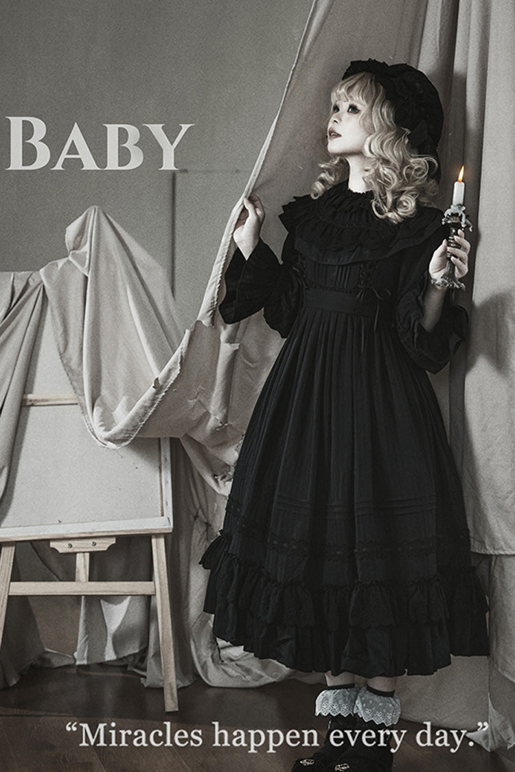 Black Good Night Long Sleeves Double-Layered Ruffle Bowknot Lace-Up Holy Gothic Lolita Dress