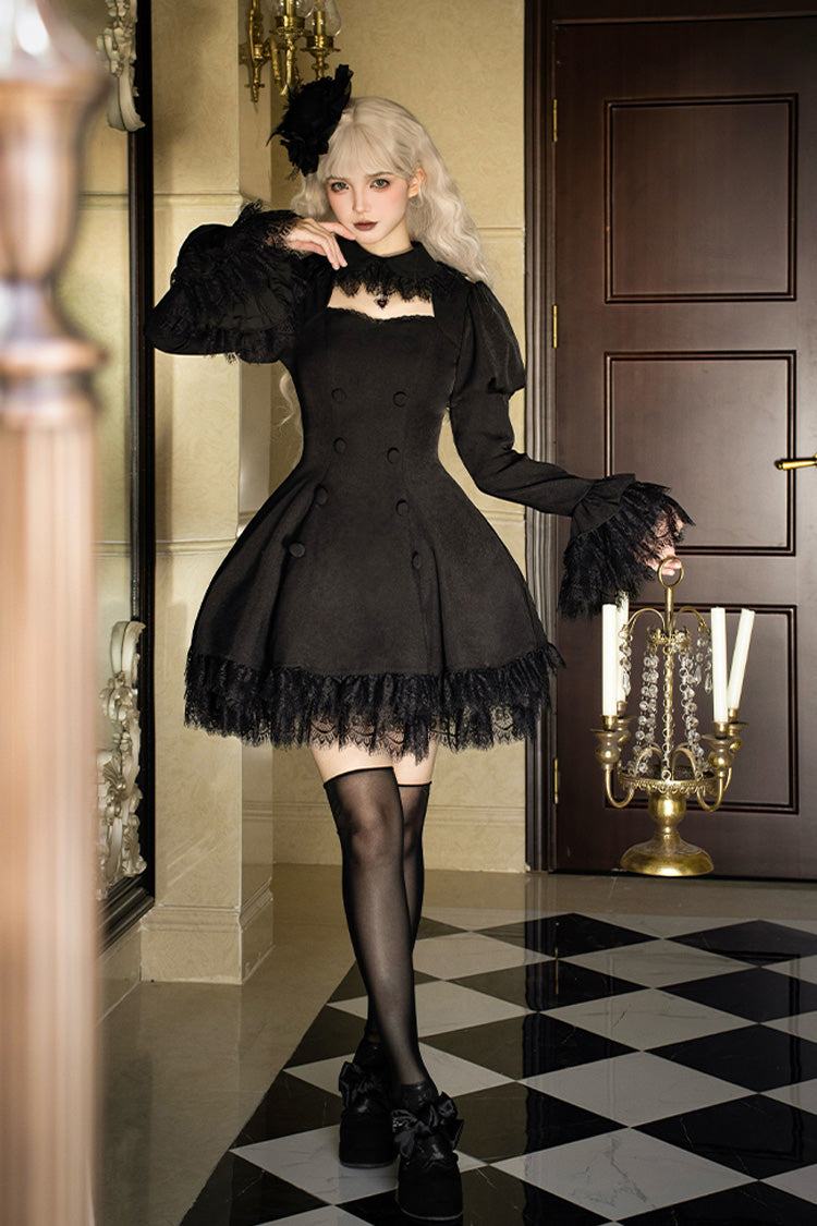 Black Midnight Whisper Double-breasted Short Sleeves Hollow Gothic Lolita Dress