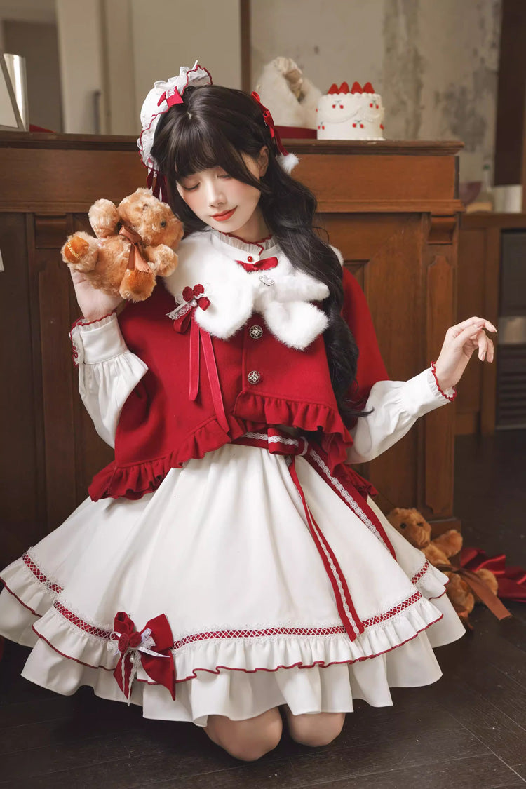Red/White Red Vow Stand Collar Long Sleeves Multi-Layered Ruffled Bow Sweet Lolita Dress