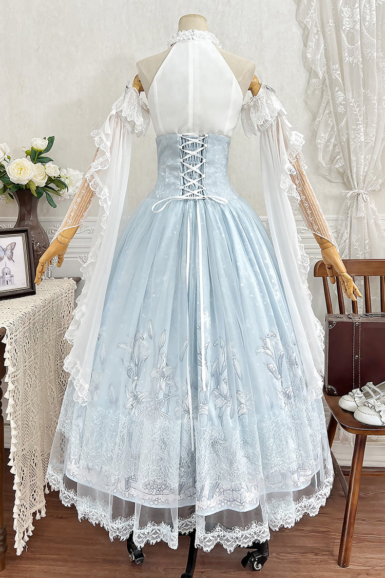 Blue Snow Lily Print Ruffle Hanayome Embroidery Bowknot Lace-Up Sweet Elegant Princess Lolita Skirt Set