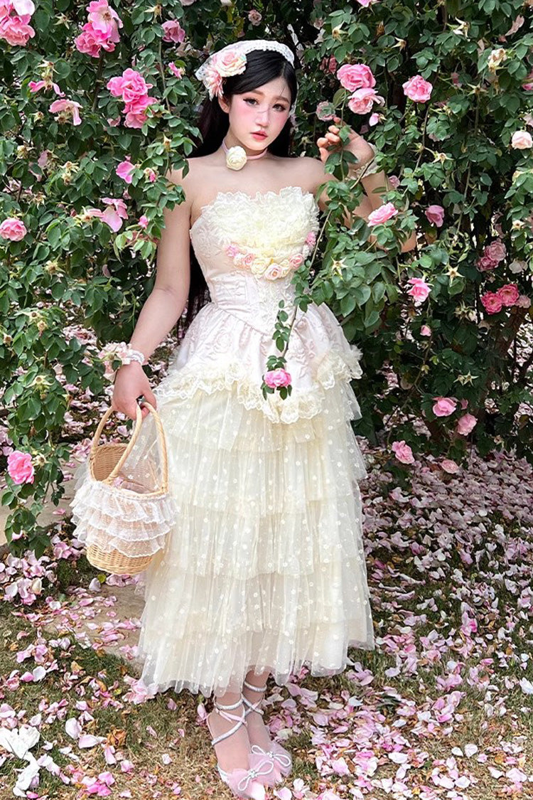 Pink Flower Goddess of Love Ruffle Bowknot Lace Sweet Elegant Lolita Maxi Skirt Dress Set