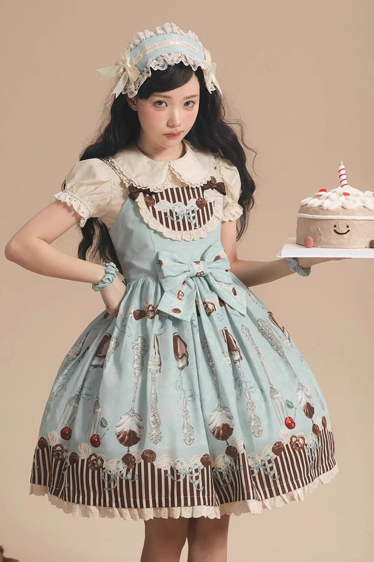 Green Chocolate Cherry Print Bowknot Sweet Lolita Jsk Dress