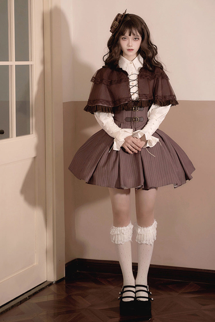 Brown Manchester City's Past Striped Print Breast Support Short Version Sweet Lolita Dress