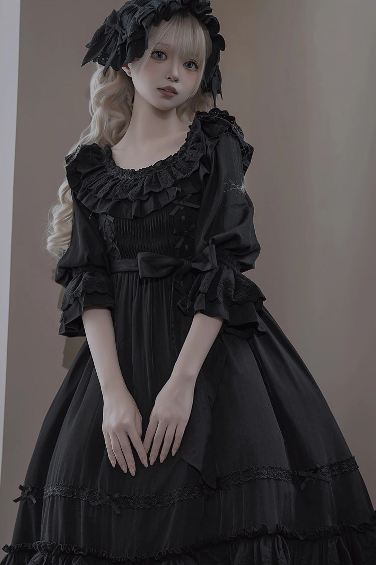 Black Good Morning Short Sleeves Ruffle Bowknot Lace-Up Gothic Lolita Dress