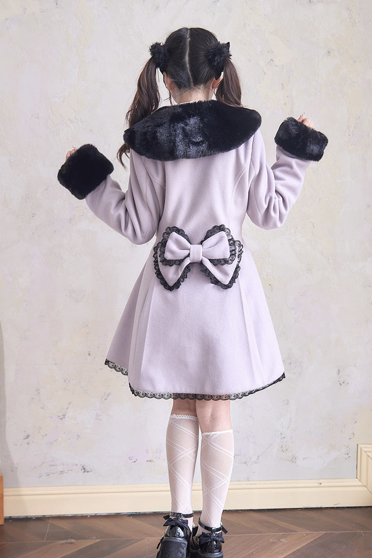 Sweet Plush Collar Waist-cinched Long Sleeves Bowknot Lace Japanese Lolita Coat 4 Colors