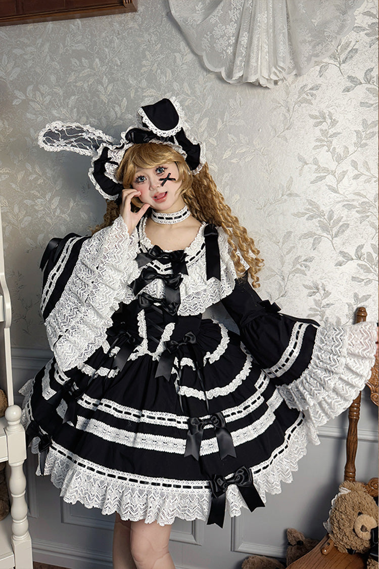 Black Rabbit Sleeping Doll Long Trumpet Sleeves Ruffle Bowknot Lace Sweet Lolita Dress