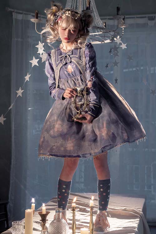 Light Blue Round Neck Lace Veil Sweet Lolita OP Dress