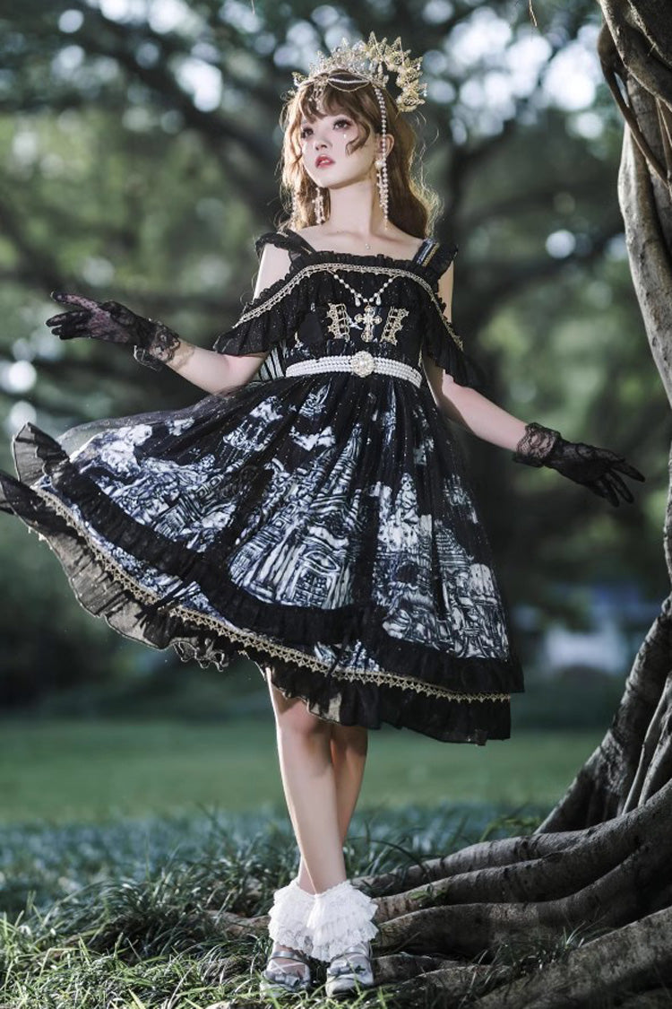 Black Castle Feast Print Ruffle Bowknot Gothic Princess Lolita Jsk Dress