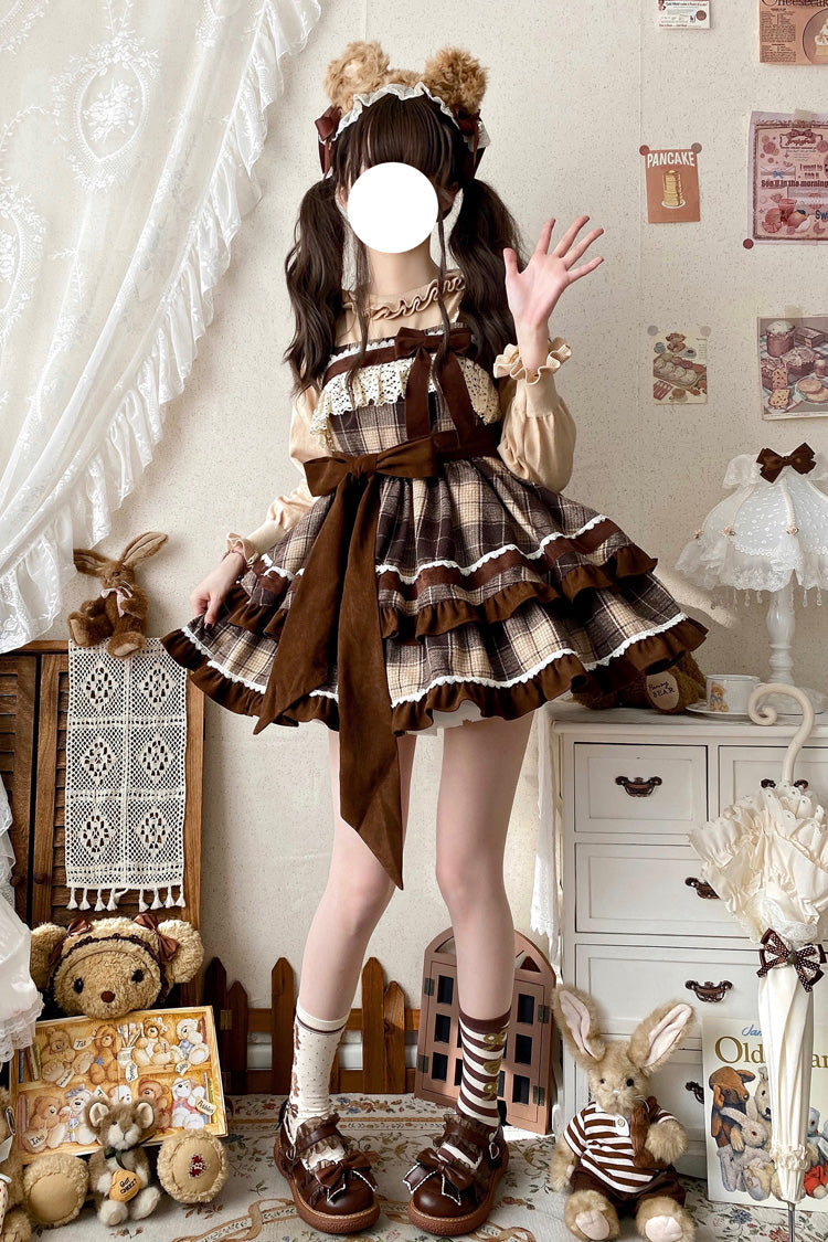 Brown Caramel Cocoa Double-Layered Print Ruffle Bowknot Sweet Lolita Jsk Dress