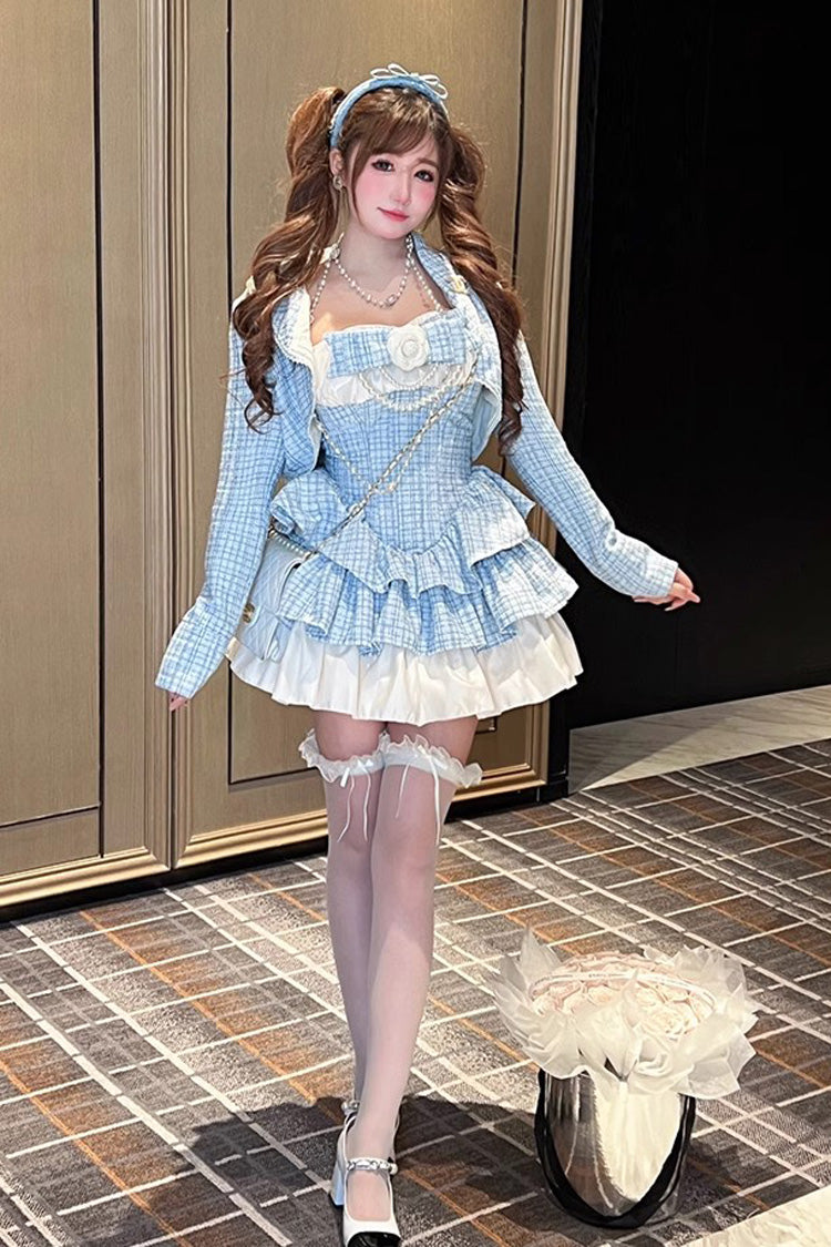 Camellia Blue Miss Plaid Print Ruffle Bowknot Sweet Lolita Dress