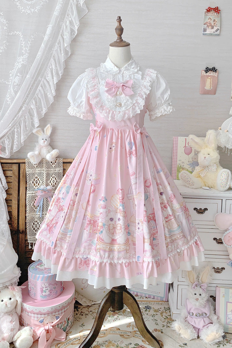 Pink Cute Cat Print High Waisted Ruffle Bowknot Sweet Princess Lolita JSK Dress