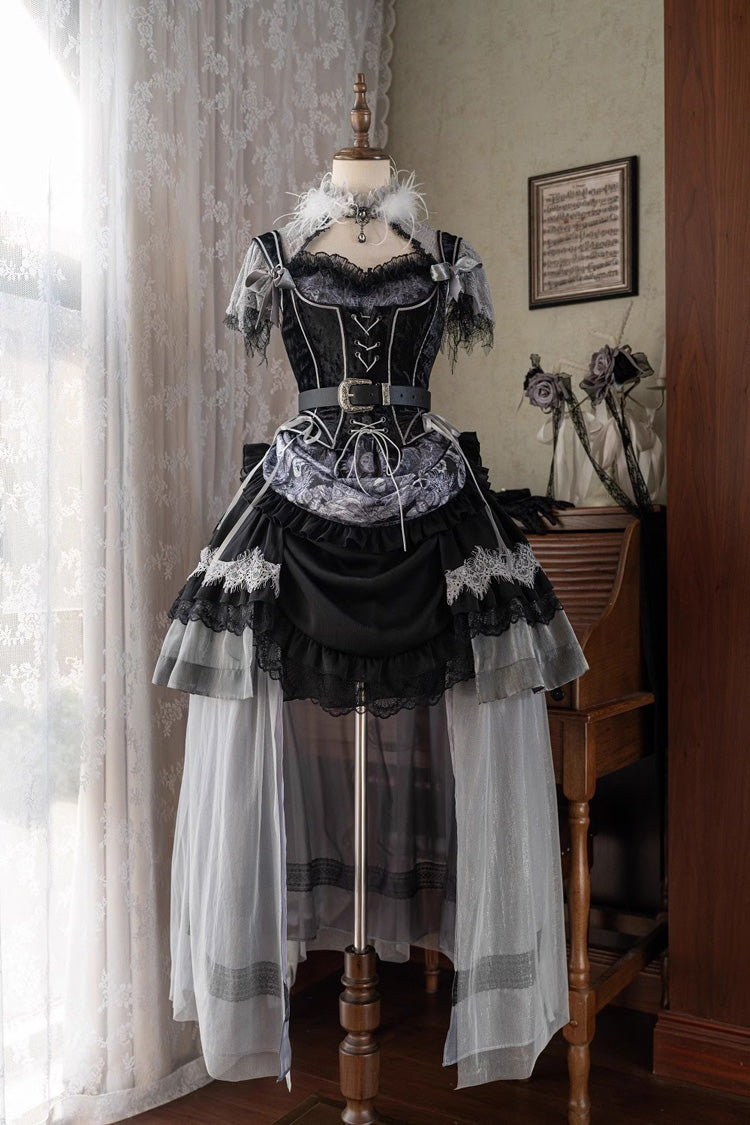 Black Dark Night Rose Short Sleeves Print Ruffle Bowknot Lace Asymmetric Gothic Lolita Dress