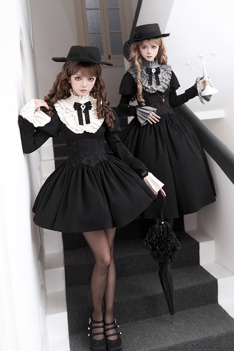 Black Old Testament Short Sleeves Ruffle Embroidery Bowknot Lace-Up Gothic Lolita Dress 2 Versions