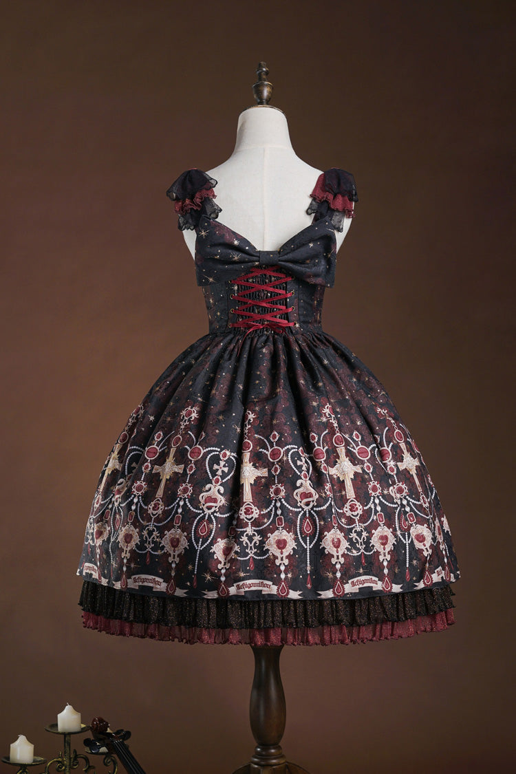 Red/Black Stone of Eden Triple-Layered Print Ruffle Hot Stamping Cardigan Bowknot Lace Elegant Sweet Lolita Jsk Dress