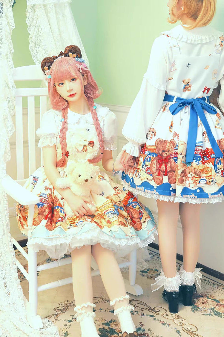 Honey Bear Cafe Print Bowknot Lace Sweet Lolita Jsk Dress 2 Colors