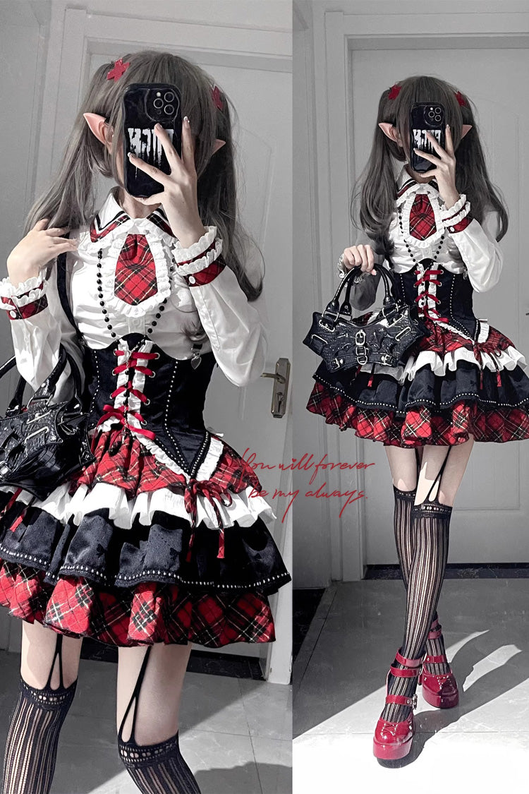 Red/White/Black Multi-layer Ruffle Opera Rock Girl Gothic Lolita Strap Dress Set
