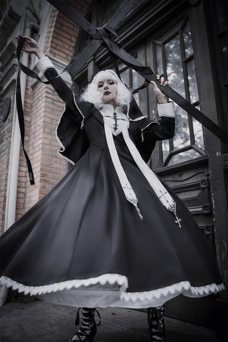 Black Nun Long Sleeves Print Stitching Lace Gothic Elegant Lolita Dress