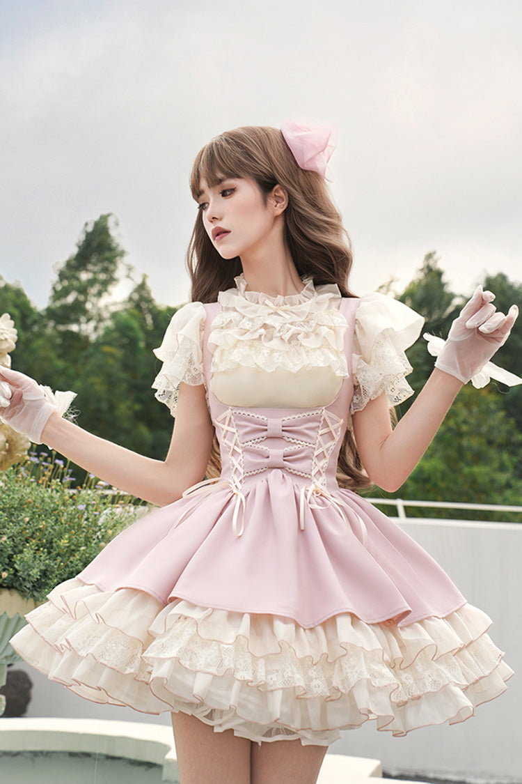 Pink Love Diary Multi-Layered Ruffle Bowknot Lace-Up Sweet Lolita Jsk Bustier Dress