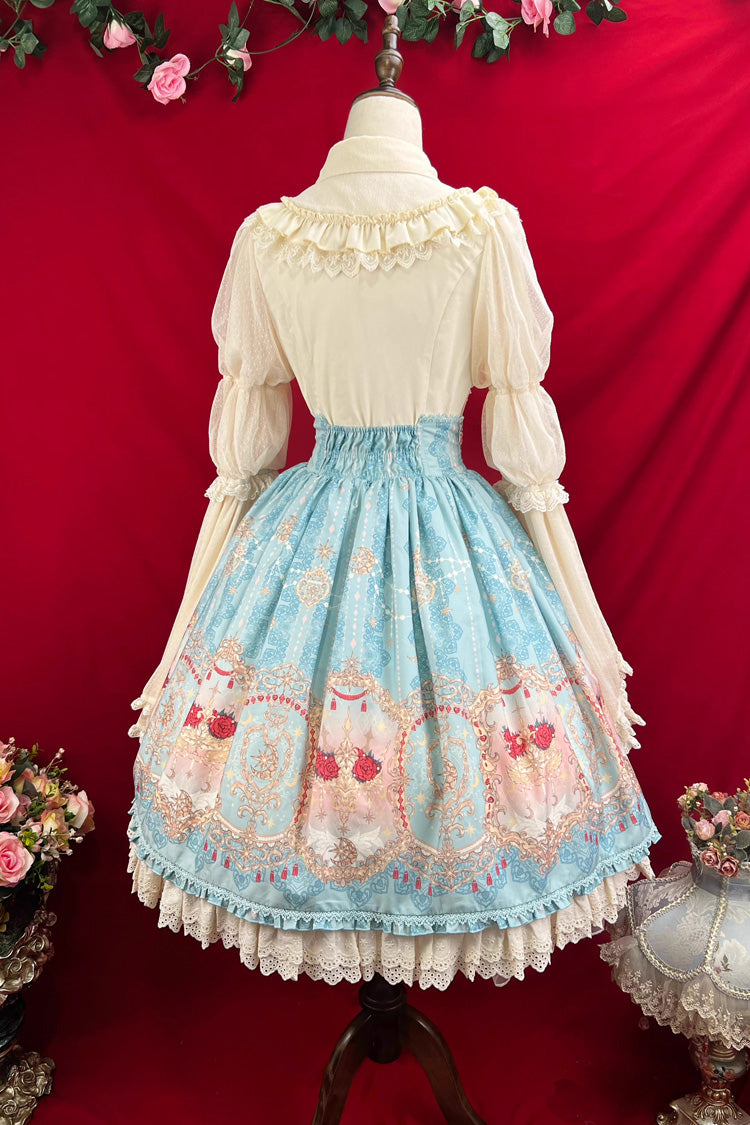 Blue Moonlit Garden Secret Print Ruffle Embroidery Lace Sweet Elegant Palace Lolita Skirt