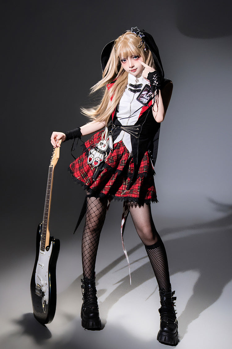 Black/Red Rock Bunny Sleeveless Double-Layered Embroidery Hooded Punk Lolita Skirt Set