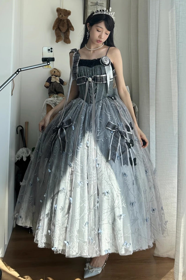 Silver Grey Starry Night Solo Ruffle Hanayome Embroidery Bowknot Lace Sweet Gorgeous Lolita Jsk Dress