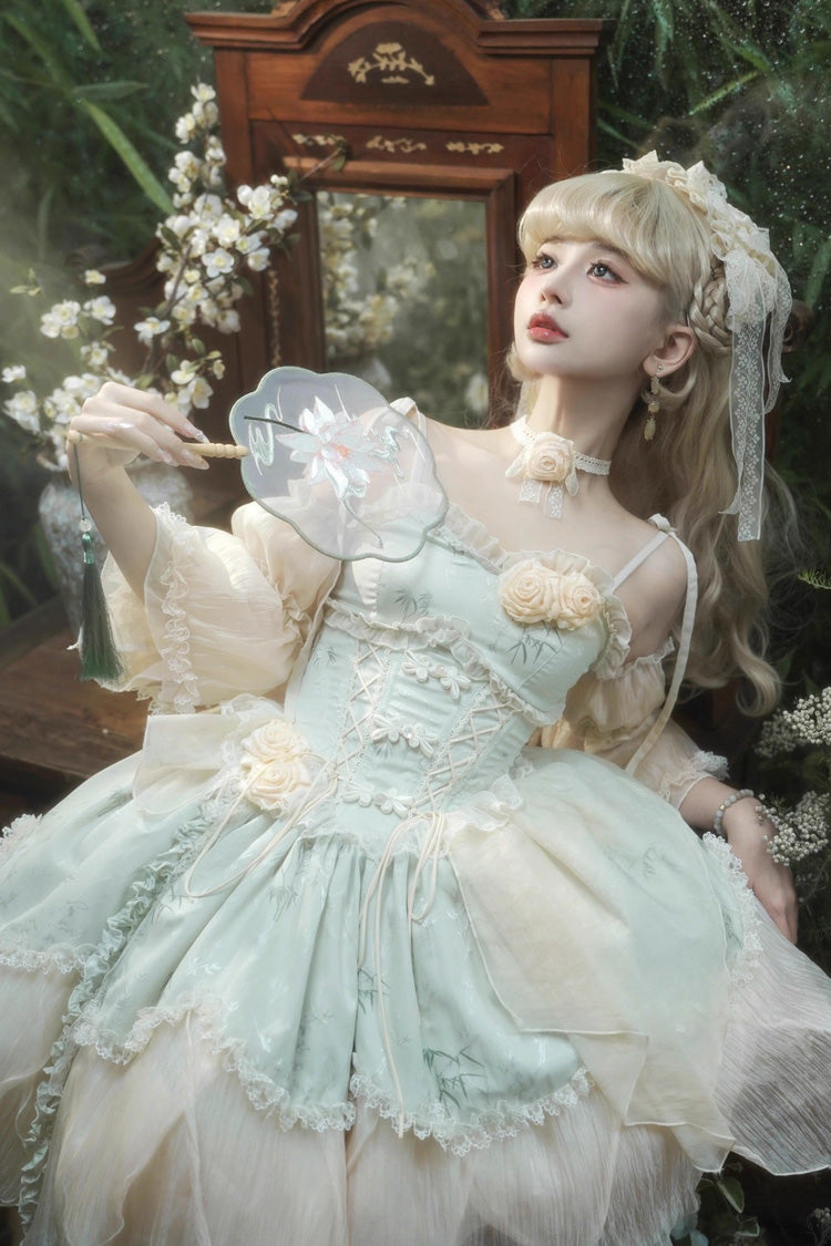 Green Tea Bamboo Song Sleeveless Print Ruffle Bowknot Sweet Chinese Style Elegant Ballet Lolita Jsk Short Dress