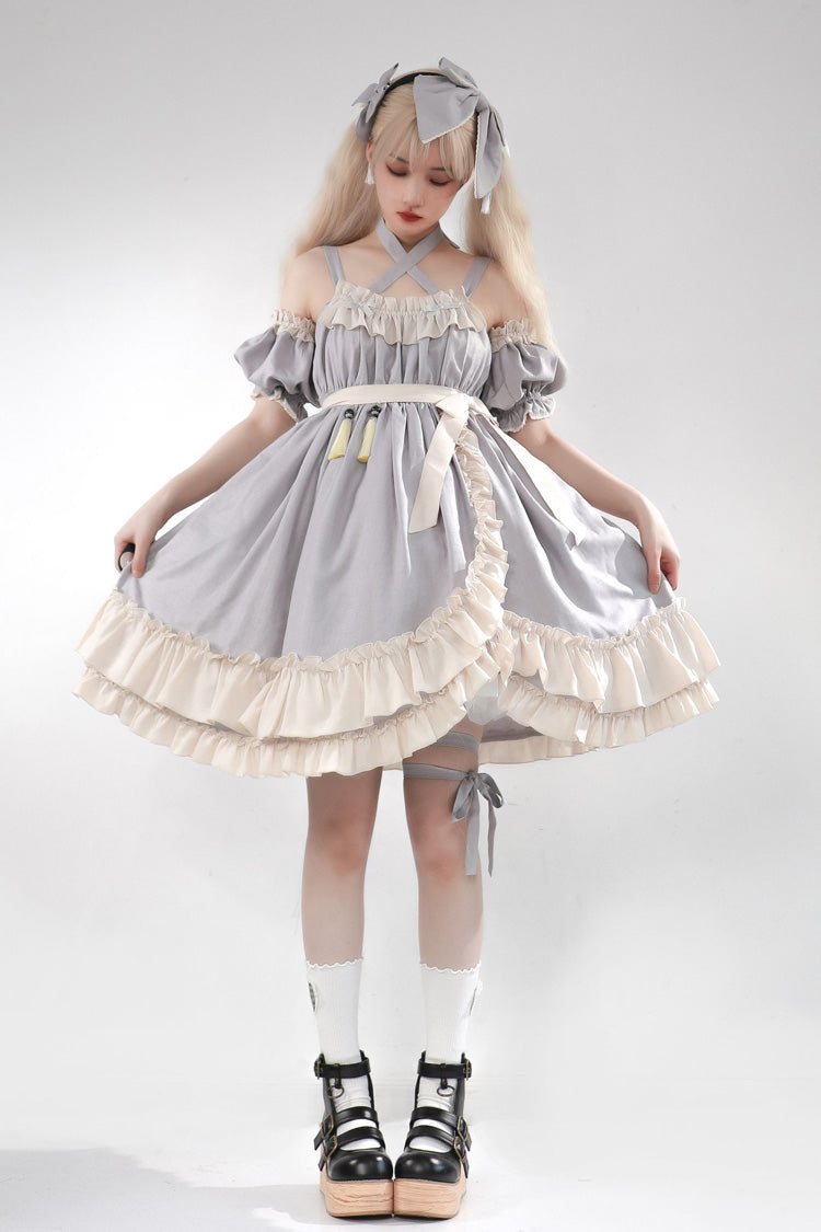 Grey Monet Estate Sleeveless High Waisted Ruffle Bowknot Asymmetric Sweet Lolita Jsk Dress
