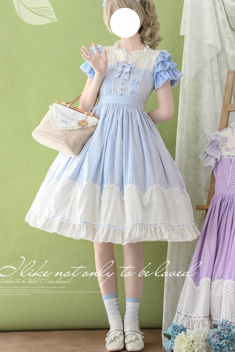 Summer Wind Short Sleeves Polka Dot Print Ruffle Embroidery Sweet Lolita Dress 3 Colors