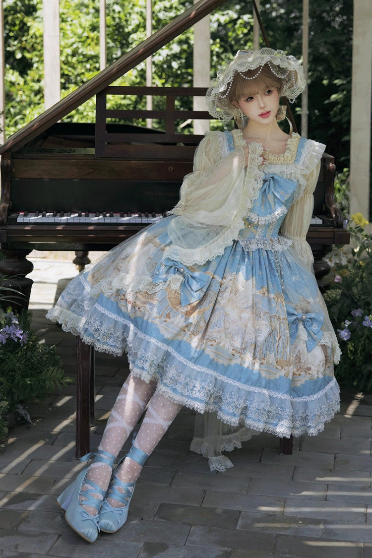 Blue Unicorn Print Sleeveless Multi-Layered Embroidery Bowknot Lace Sweet Lolita Jsk Dress