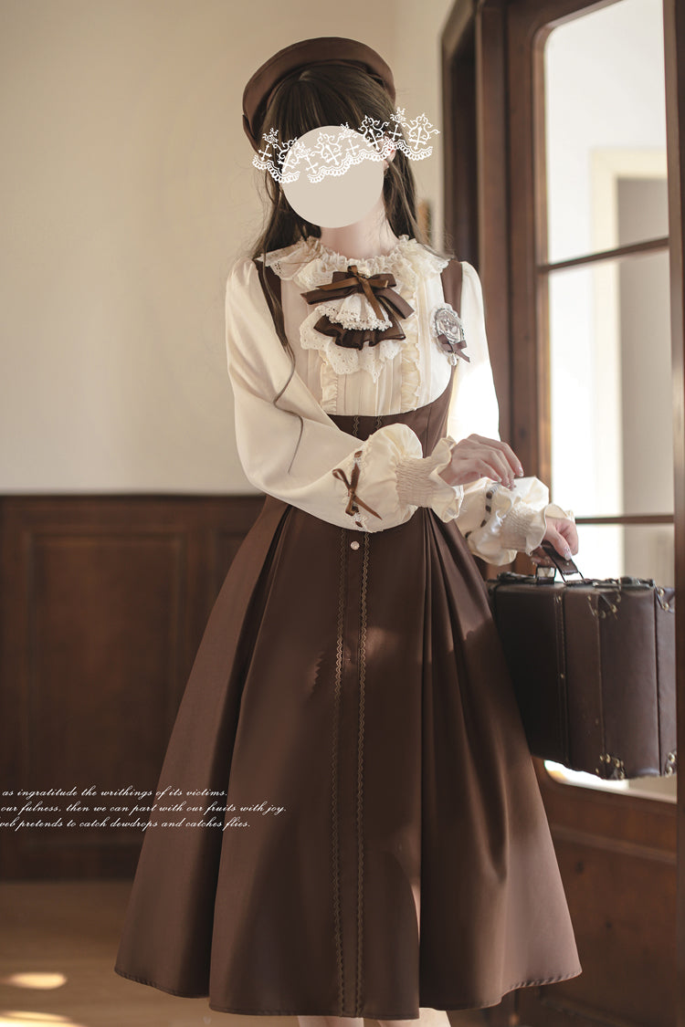 Brown/White Sunset Academy Long Sleeves Ruffle Bowknot Fake Two Pieces Vintage College Style Elegant Lolita Dress