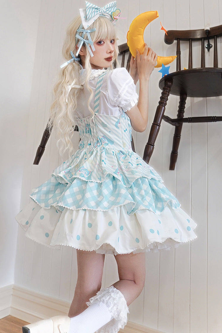 Blue Miku Sleeveless Triple-Layered Print Bowknot Sweet Lolita Jsk Dress