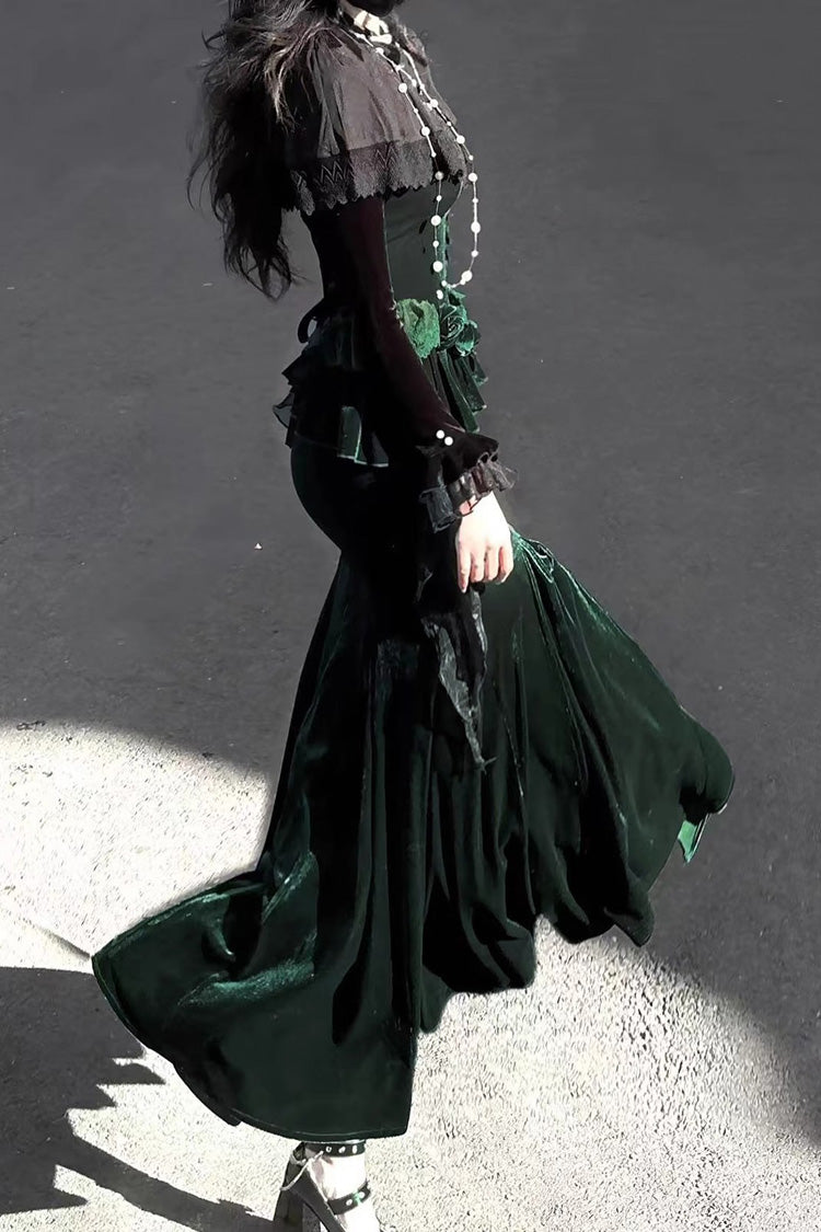 Green Dark Forest Ruffle Embroidery Slim Elegant Lolita Jsk Fishtail Dress