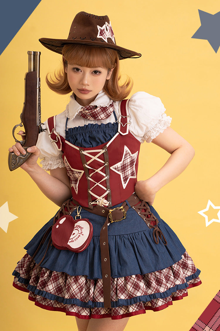 Red/Blue Apple Trap Triple-Layered Print Ruffle Lace-Up Sweet Lolita Jsk Dress Two-piece Set