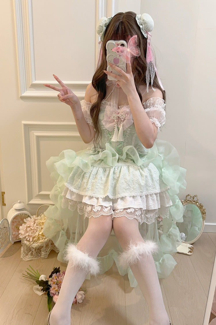 Green Rain and Flowers Halterneck Jacquard Ruffle Bowknot Lace Sweet Lolita Jsk Dress