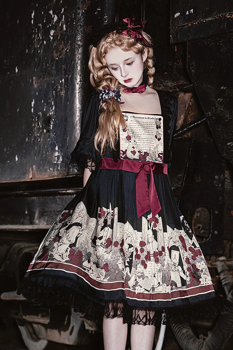Black Alice of the Asylum Print Bowknot Lace Gothic Lolita Dress 2 Versions