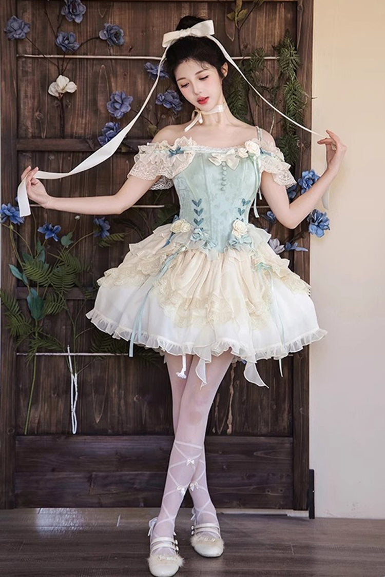 Light Green Off Shoulder Ruffle Bowknot Lace Sweet Elegant Princess Ballet Lolita Tiered Dress