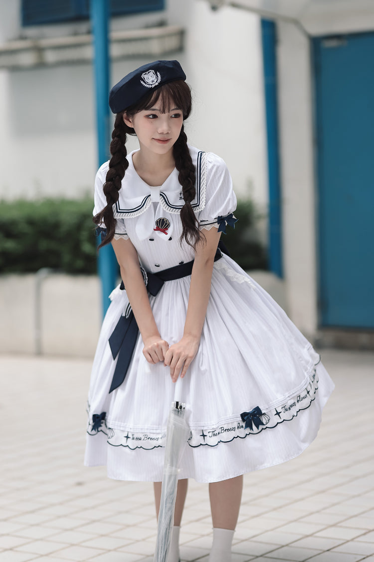 White Navy Stripe Print Short Sleeves Ruffle Embroidery Sweet Lolita Dress