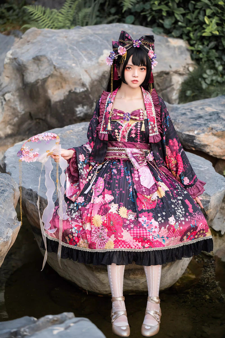 Black/Red Cherry Blossom Cat Islet Sleeveless Printed Ruffled Bow Sweet Lolita Jsk Dress Set