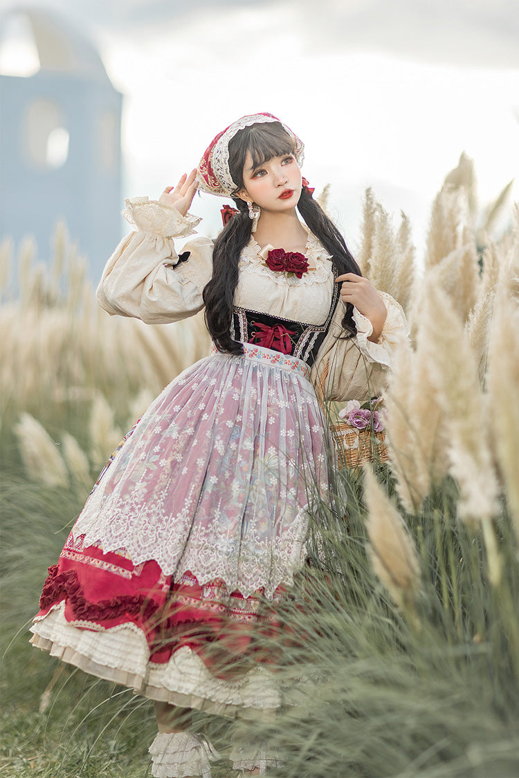 Wine Red Ode to Plenty Berries and Birds Print Ruffle Bowknot Velvet Classic Lolita Breast Support Jsk Dress
