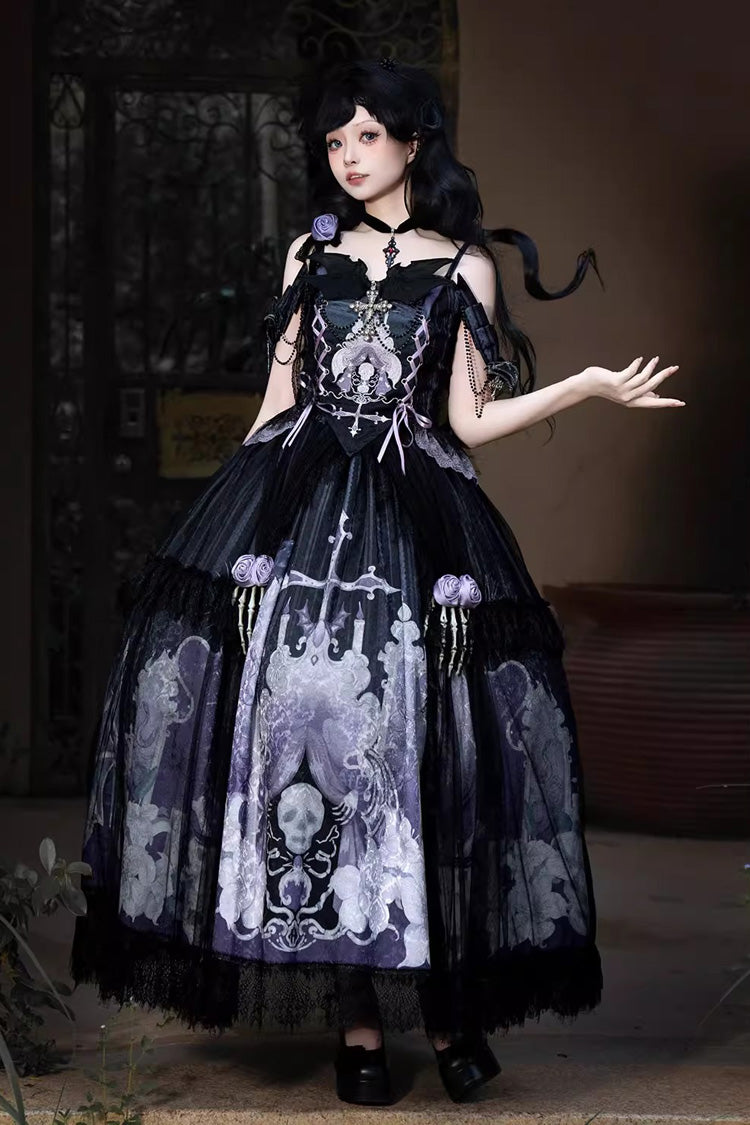 Black/Blue Skull Magic Print Ruffle Bowknot Gothic Elegant Lolita Skirt Two-Piece Set