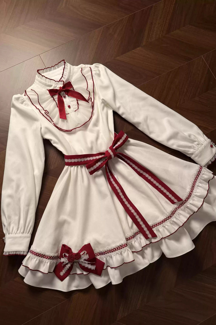 Red/White Red Vow Stand Collar Long Sleeves Multi-Layered Ruffled Bow Sweet Lolita Dress