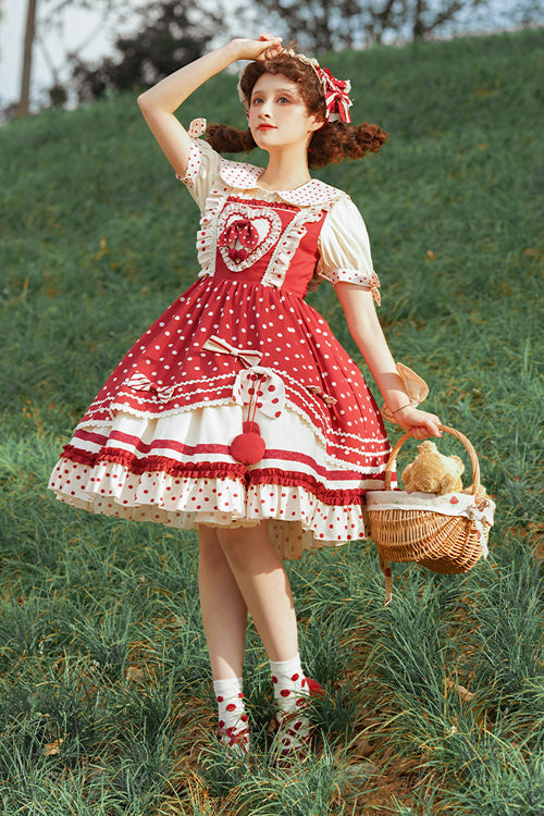 Red Polka Dot Print Multi-Layer Ruffled Sweet Lolita JSK Dress