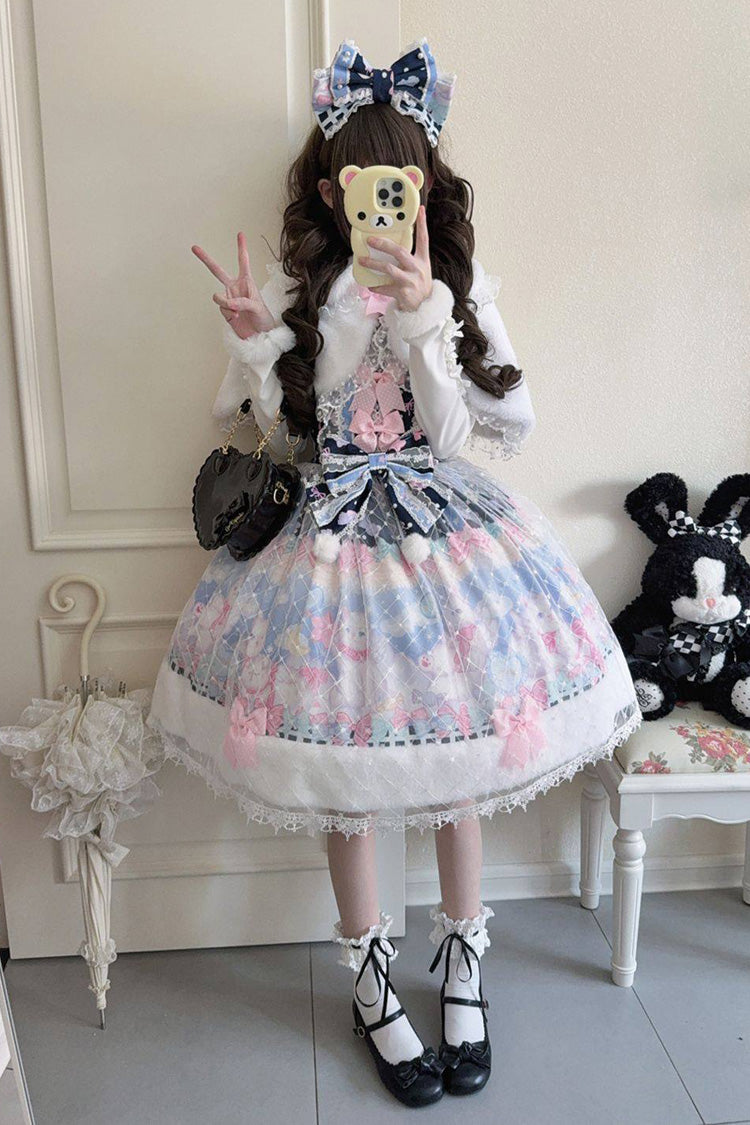 Dark Blue Candy Mary Cat Printed Ruffled Embroidered Bow Lace Sweet Lolita Jsk Dress