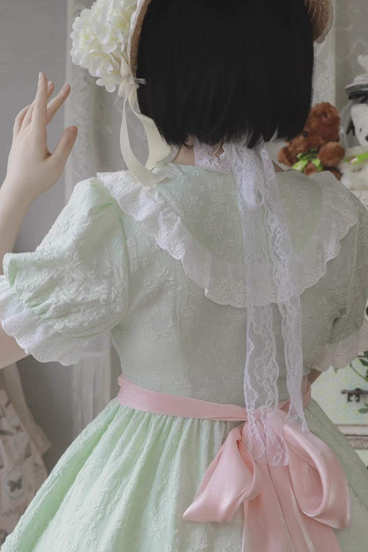 Green Short Sleeves Rose Print Ruffle Bowknot Sweet Lolita Dress