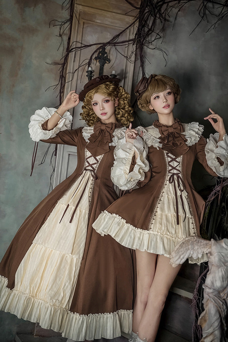 Brown/Beige Nutcracker Stand Collar Long Trumpet Sleeves Ruffle Cardigan Bowknot Lace-Up Sweet Lolita Dress Set 2 Versions