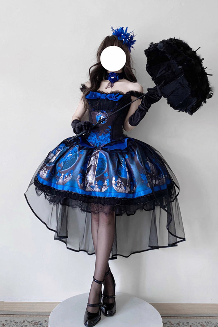 Blue Dark Moon Corridor Print Embroidery Gothic Lolita Dress Skirt