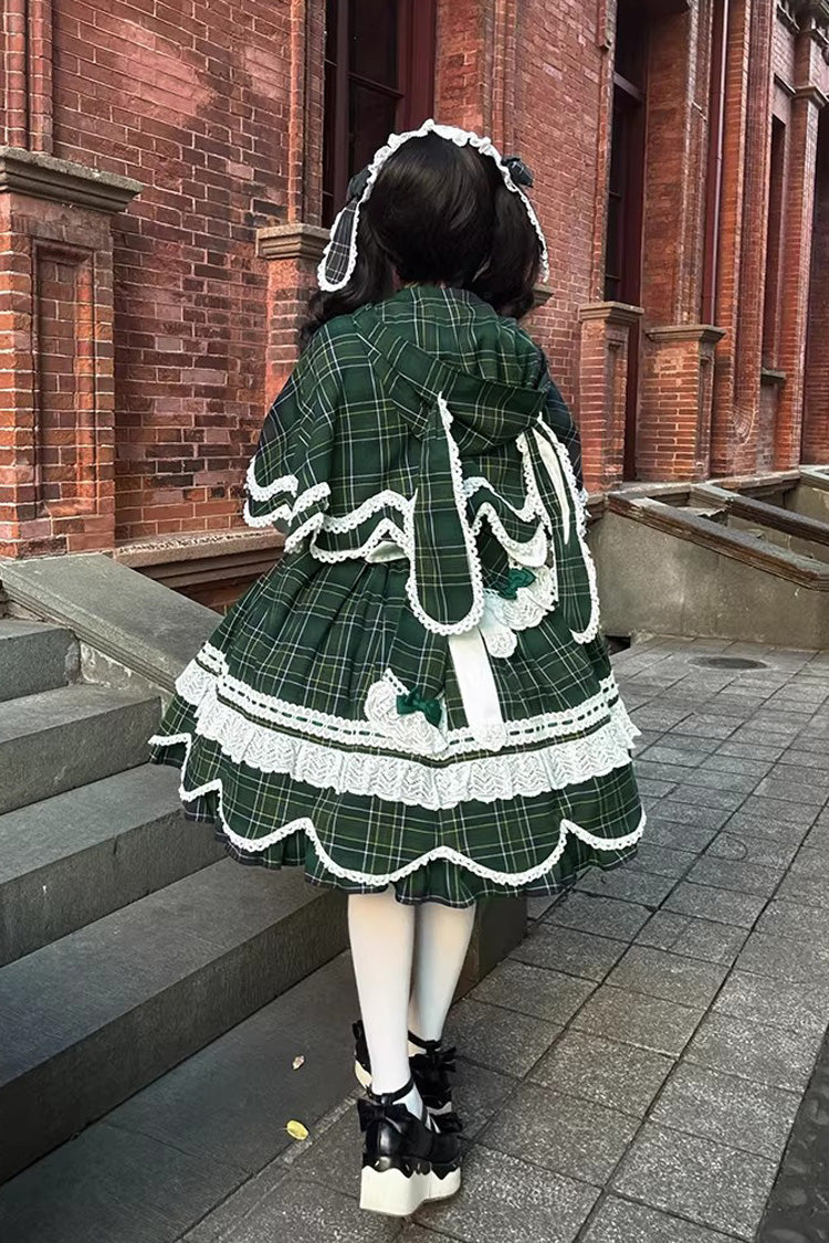 Green Gingham Petal Bunny Short Sleeves Printed Ruffled Bow Sweet Lolita OP Dress