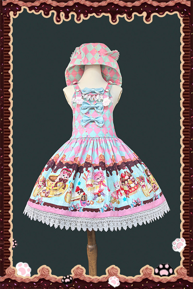 Cream Meow Sleeveless Print Bowknot Hooded Sweet Lolita Strap Dress 3 Colors