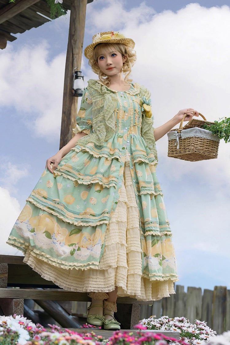 Green Lemon Chicken Short Sleeves Triple-Layered Print Ruffle Bowknot Lace Sweet Gorgeous Lolita Dress